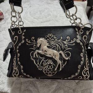 JUSTIN WEST  Wild Horse -Stylish Black Embroidered Women's Shoulder Bag